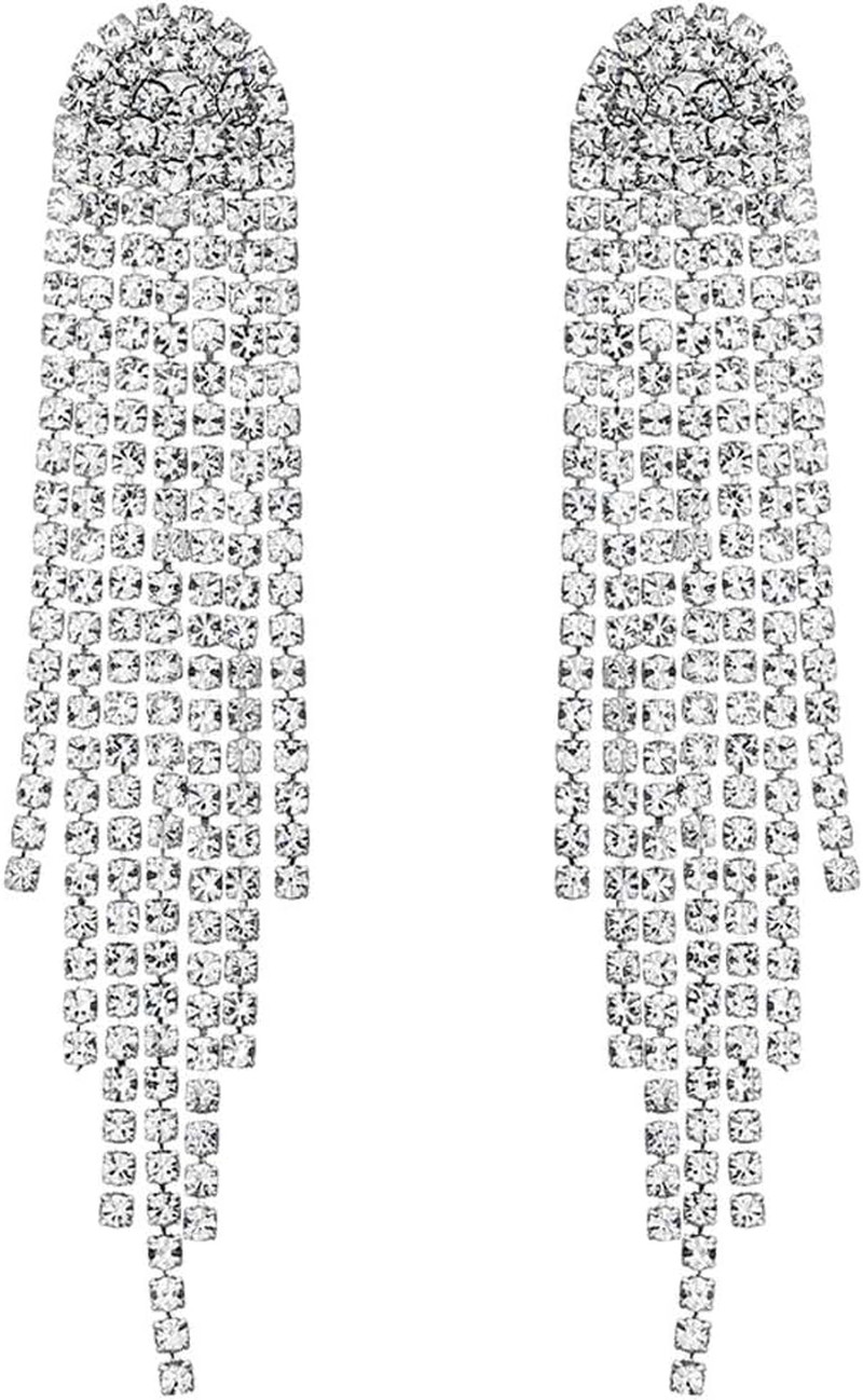 3.3"L Rhinestone Earrings Dangling Long Fringe Crystals Chandelier Dangle Drop E