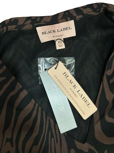 CHICO'S Black Label NWT $198 XS Chiffon Drape Bow Brown Black Animal Print Dress - Picture 4 of 8