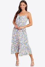 Womens Pink Floral Strappy Tie Front Midi Dress