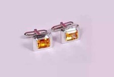 Lab Created 14K White Gold Plated Yellow Citrine Men's Cufflink 2 Ct Emerald Cut