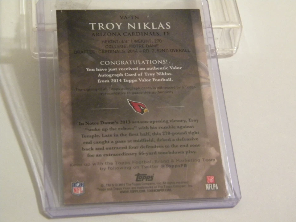 2014 Topps Valor Auto Strength  Troy Niklas #VA-TN Rookie Auto RC 74/75 - Image 4 of 4