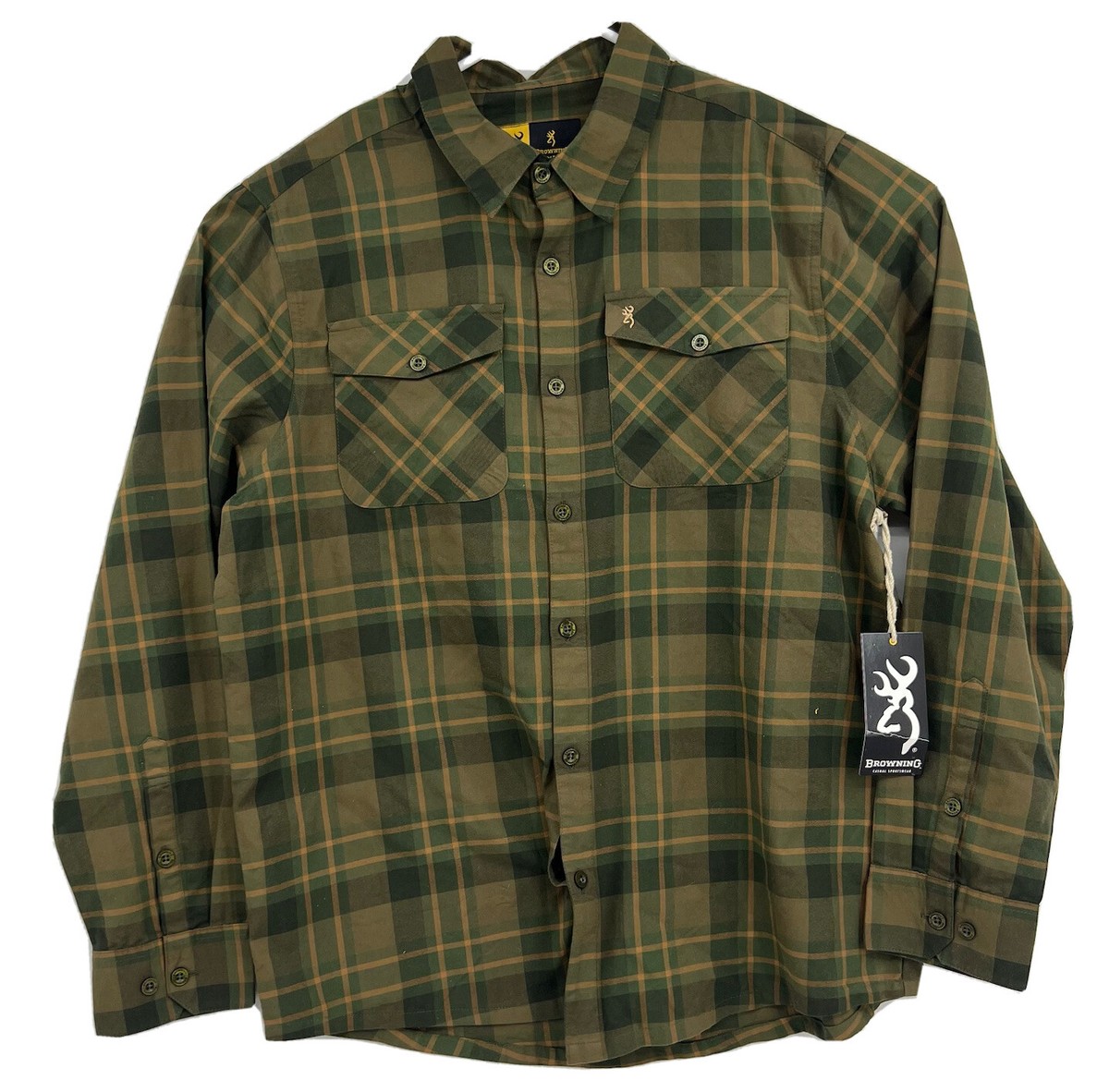 John M Browning Long Sleeve Button Up Shirt Mens Sz L Large Green Plaid