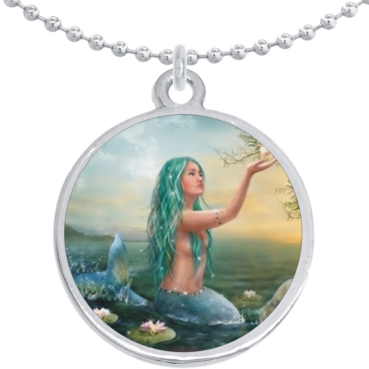 Blue Mermaid Round Pendant Necklace Beautiful Fashion Jewelry