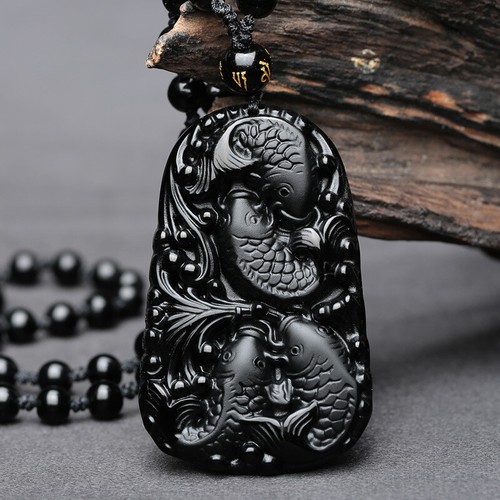 Natural Obsidian Pendant Carved Fish 