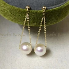 Fashion Real Natural 10-11mm White South Sea Round Pearl Earrings 14K Gold
