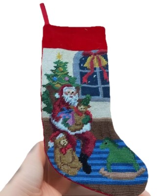 Needlepoint Christmas Stocking Red Velvet Santa Trees Teddy Bear 16  1991