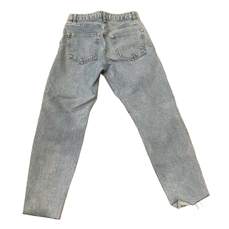 Mid Rise Straight Ankle Jean Stretch Raw Distressed Denim Blue