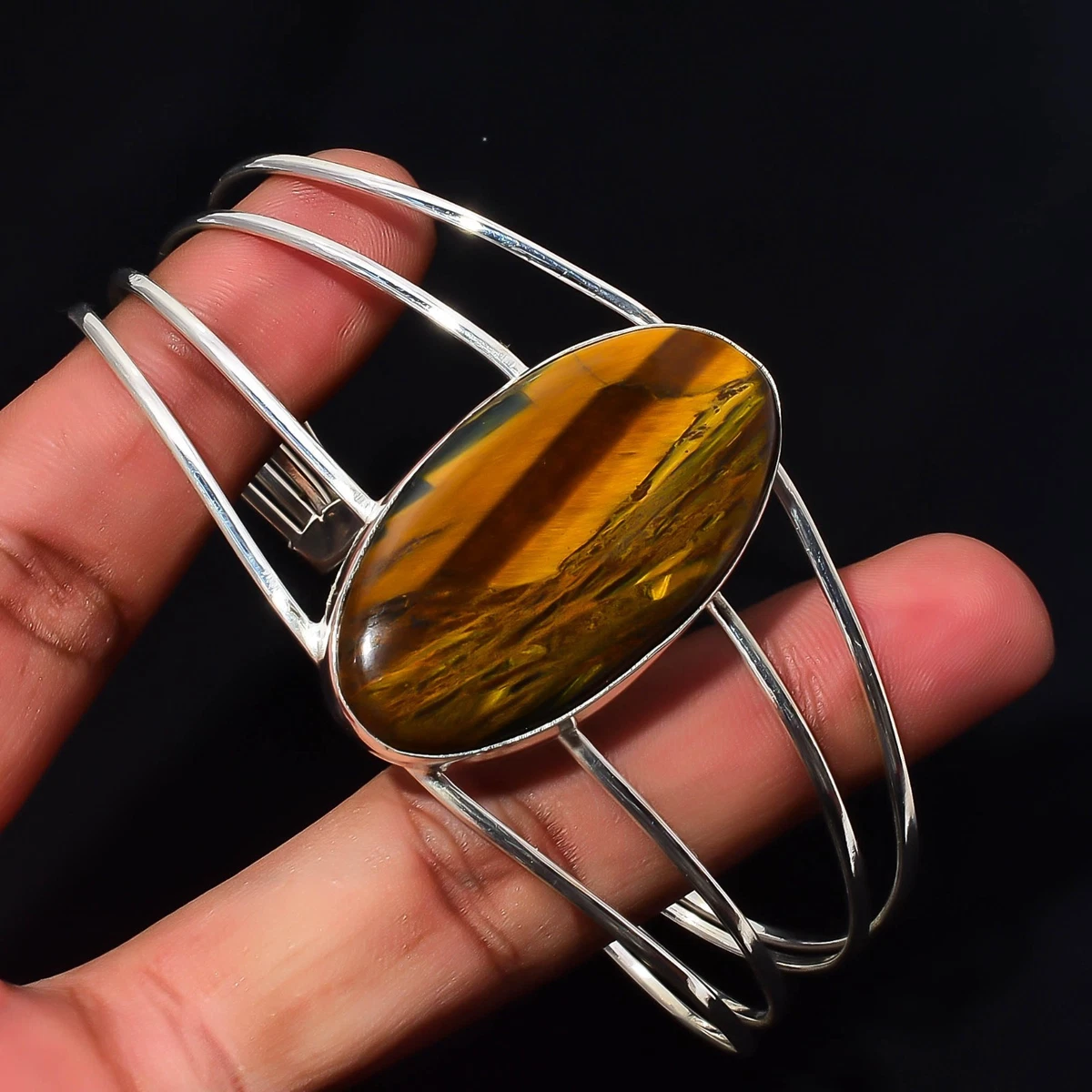 Tiger Eye Gemstone 925 Sterling Silver Handmade Bangle Jewelry Gift For Wife