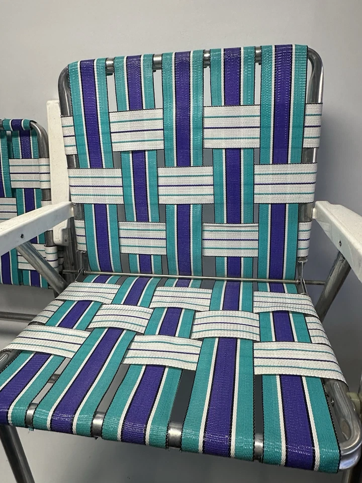 2 sillas plegables vintage de aluminio para playa césped patio color aguamarina blanco púrpura Foto 4 de 4