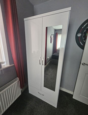 White Gloss Freestanding Wardrobe 2 Hinged Mirrored Doors 1 Drawer CASH ONLY