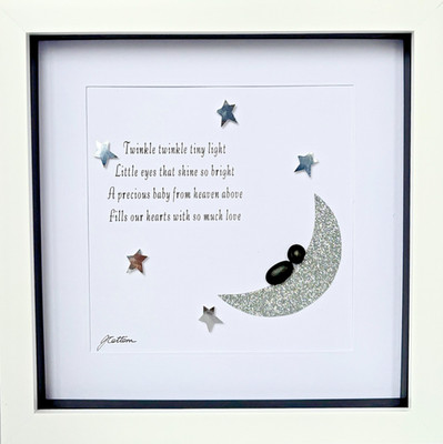 Kiesel Kunst neu Baby Geschenk Mond Sterne funkeln 8x8 weißer Rahmen Kinderzimmer Deko