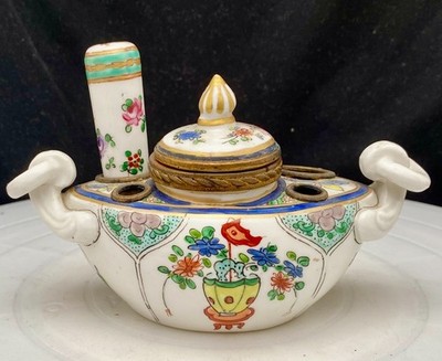 ANTIQUE SAMSON FAIANCE PORCELAIN GONDOLA INKWELL 6'' GILD FLORAL, MARKED c1870 vg