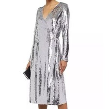GANNI Sonora Midi Dress Size 34 US 4 Silver Wrap Sequin party dress