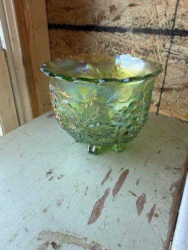 Vintage Green Carnival Green, Indian Glass Footed Dish