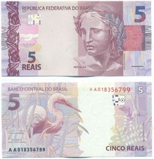 BRAZIL NOTE 5 REAIS (2010) SERIAL AH P 253a UNC