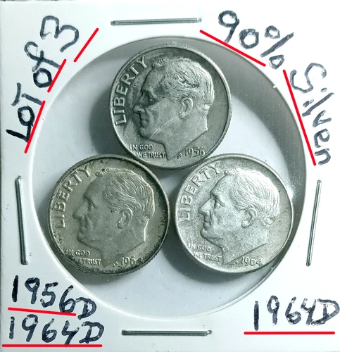 Roosevelt Dimes Lot of 3 90% Silver1956-D1964-D1964-D VG Condition Look @& Judge