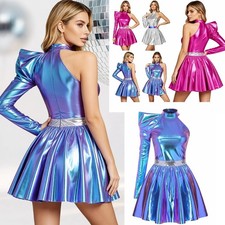 US Women Alien Costume One Shoulder Metallic Dress Theme Party Halloween Cosplay