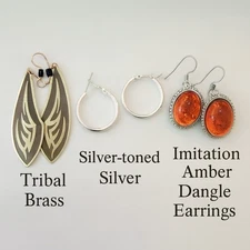 Lot of 3 Pieced Earrings Tribal Style, Silver Toned Hoops & Amber Colored Dangle