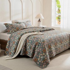 100 Cotton Oversized King Bedspread Set 128"x120" -3Pcs Floral Quilt Coverlet