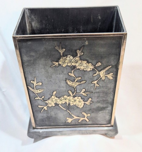RARE Vtg  JAPANESE Chinese ASIAN  7.75" TALL PEWTER  BRASS OVERLAY VASE