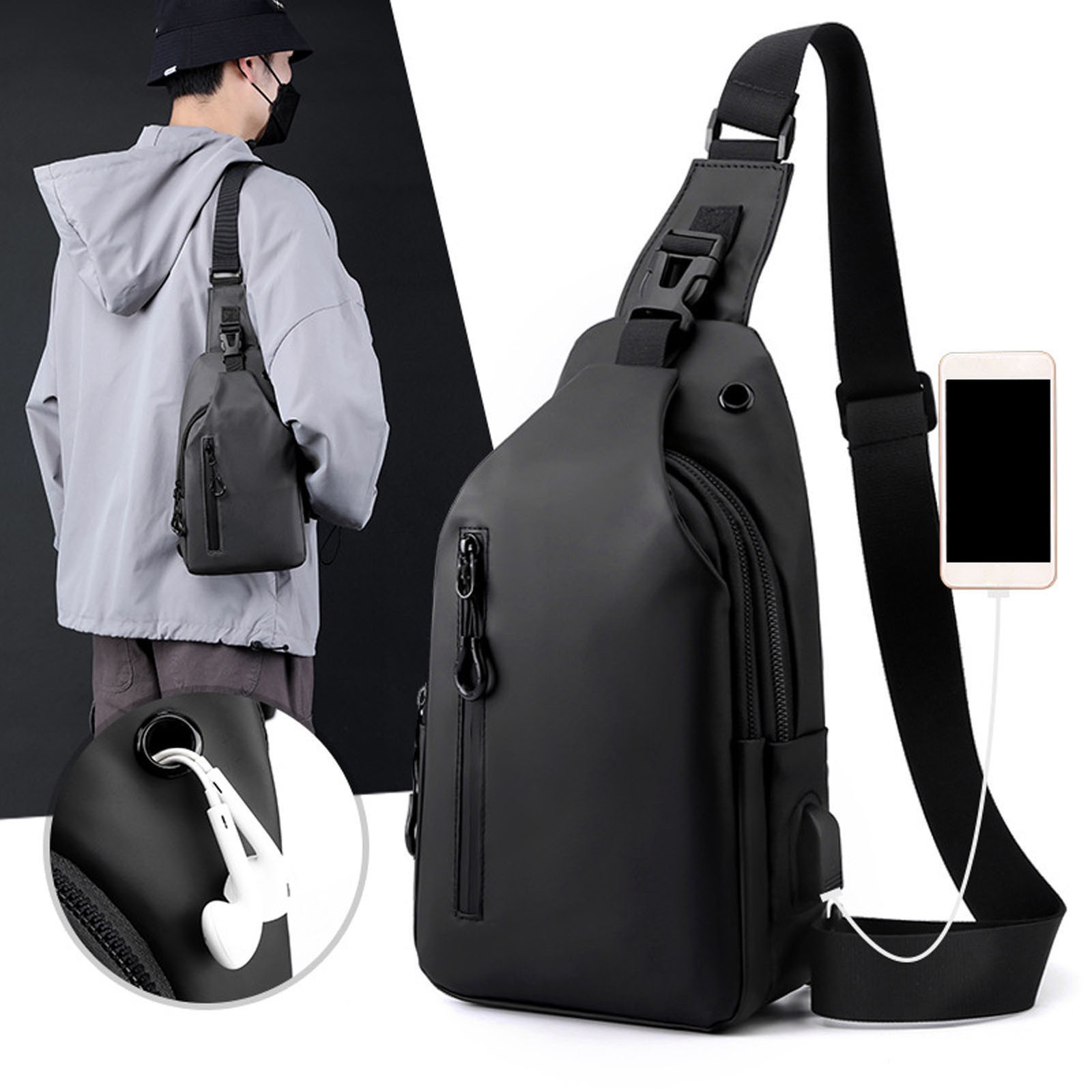 Men Outdoor Chest Pack Nylon Detachable Black Sling Chest Shoulder Bag For EC