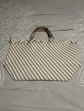 Naghedi Havana Large woven tote bag  Cream And Tan Fringe Detail