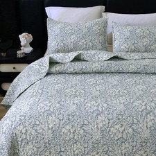 Botanical Quilt Set King Size 3Pcs, Bluish Grey Printed with Beige Leaves