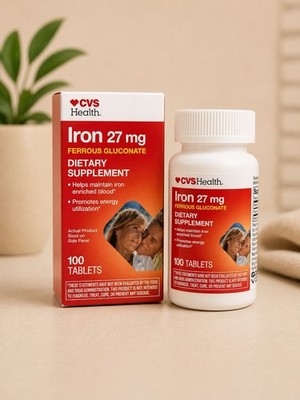 CVS Health Iron 27mg Ferrous Gluconate 100 Tablets Exp: 3/27 Promotes Energy