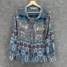 Collective Concepts Shirt Women S Small Gray Floral Button Up V-Neck Long Sleeve