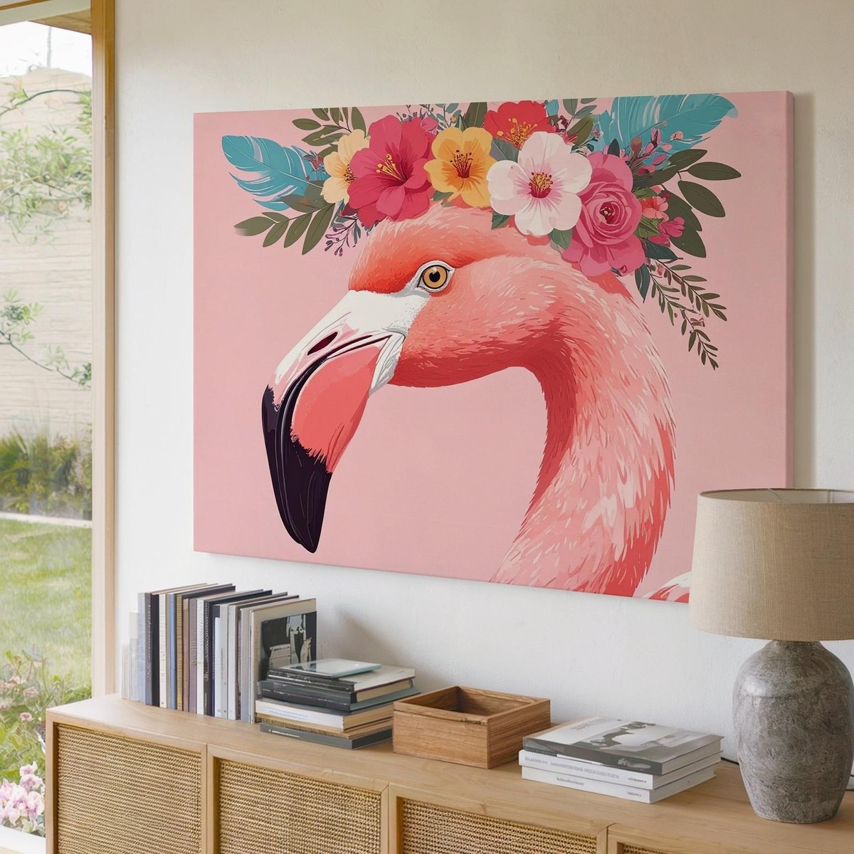 Flamingo With Floral Crown Canvaswhimsical Tropical Wall Art | eBay