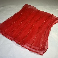 Vintage Ladies Solid Color Red Sheer Scarf With Gold Thread Accents Holiday