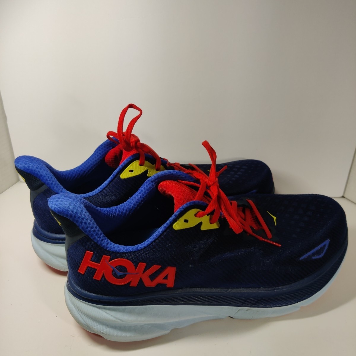 HOKA Clifton 9 Men’s 12 Wide Blue Orange Running Shoes Lightweight Cushion