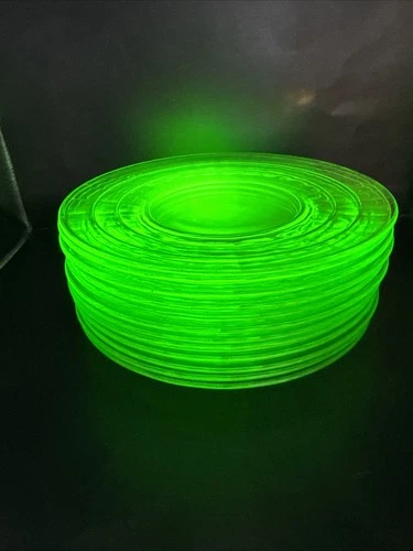 Set 12 Vaseline Uranium Depression Glass Plates Saucers Dishes Glows 8”
