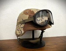 GENUINE DESERT STORM US ARMY COMBAT HELMET - MADE w/KEVLAR - & BALLISTIC GOGGLES