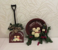 Primitive Country Style Snowman Decor "Rusty" Metal Shovel / Pie Tin Set 2