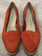 Salvatore Ferragamo Red Canvas Espadrille Flats Embroidered US7.5 Italy