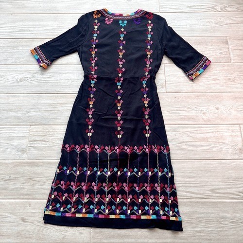 Lynn Adler Women's M Black Embroidered Floral Tassel Tie Midi Dress - Picture 12 of 13
