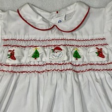 Vintage Smocked Christmas Dress White Red Embroidered Ribbon 18mos Southern