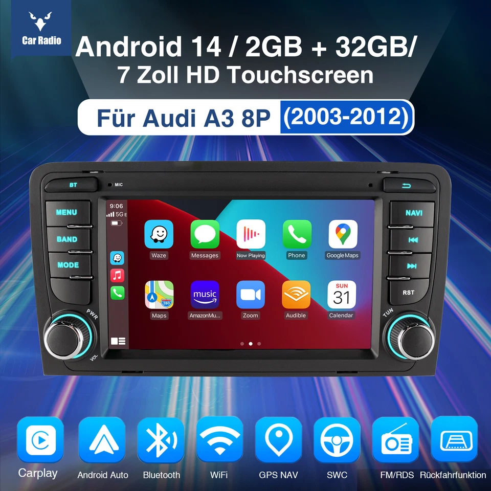 2+32GB Android 14 Für AUDI A3 8P 2003-2012 Autoradio Apple Carplay GPS Navi WIFI - Bild 2 von 4