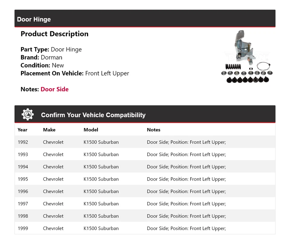 For 1992-1999 Chevrolet K1500 Suburban Dorman Door Hinge Front Left Upper 1993 - Image 2 of 4