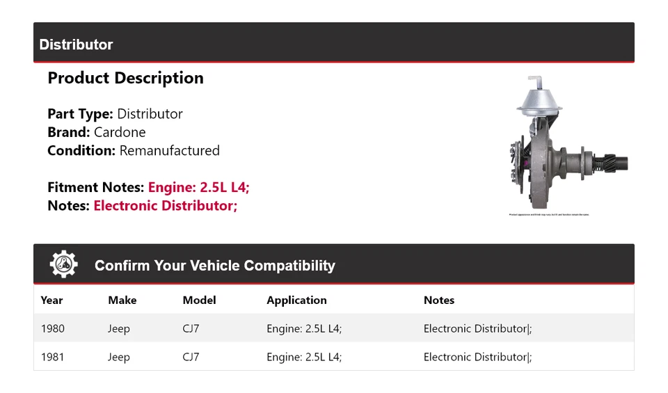 Jeep CJ7 1980-1981 2,5 L L L4 distribuidor cardone Foto 2 de 4