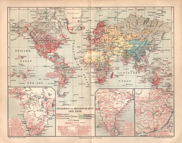 Religion und Missionskarte der Erde Christen Heiden Mohammedaner LANDKARTE 1908