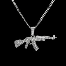  Collana con pendente MITRA kalashnikov Silver con STRASS UOMO Moda AK-47 Fucile