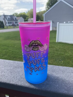 21oz Handmade UV DTF Puff Puff Pass 420 Purple/Blue Ombré Tumbler