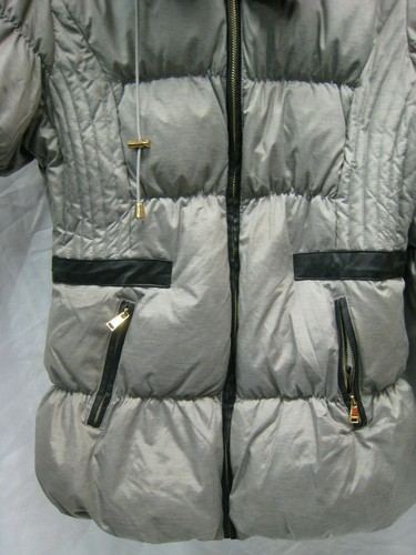 Bebe Winter Fitting Define Jacket Gray Black Gold Theme Puffer coat M EUC - Picture 2 of 12