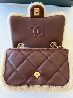 New Chanel Mini Shearling Flap Bag Brown Lambskin Brush Gold