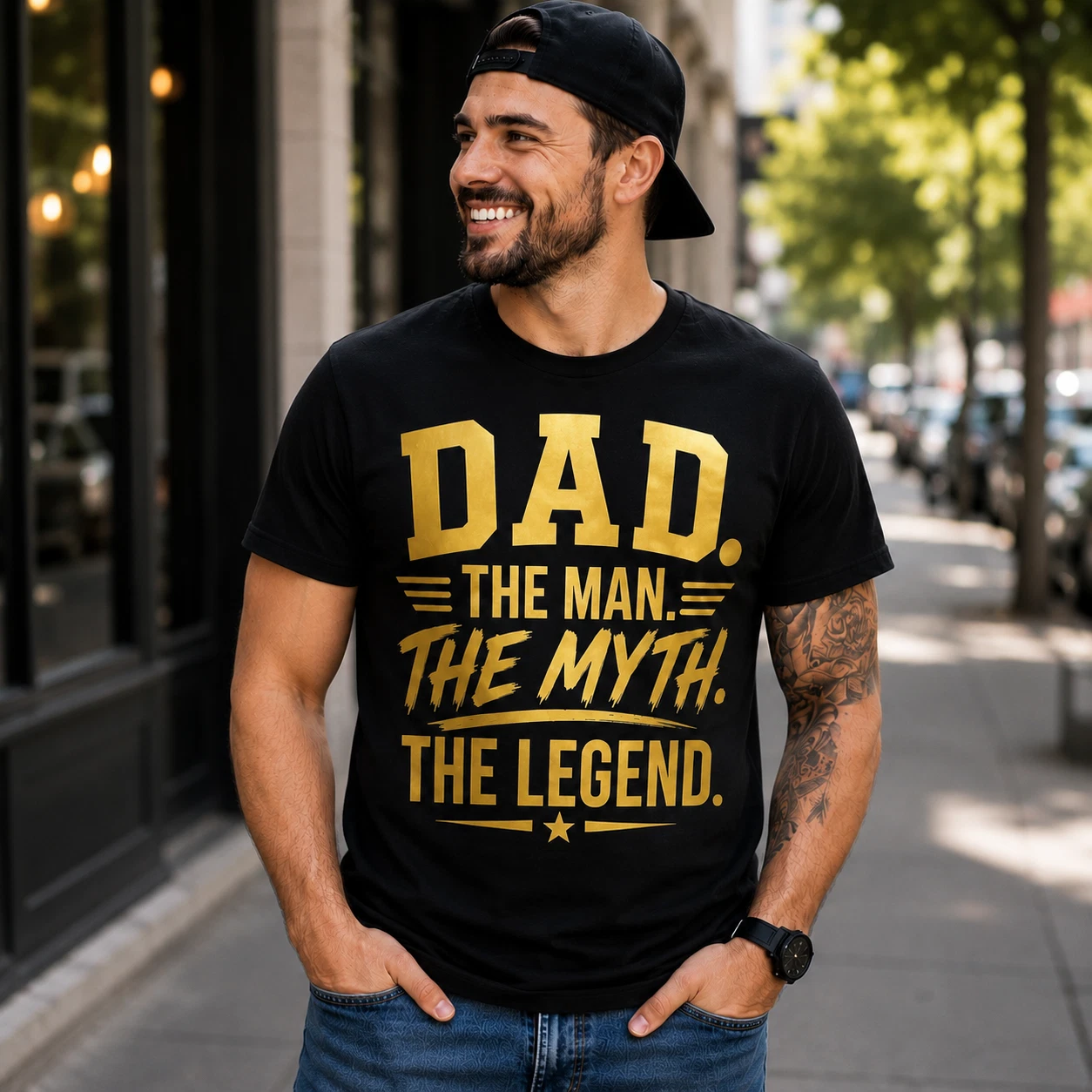 Dad The Man The Myth The Legend TShirt Father’s Day Gift white/Gold on black Te