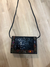 La Regale Black Sequin Beaded Evening Bag Floral Shoulder Purse Vintage Style