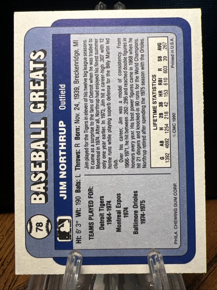 1990 Swell Baseball Greats Jim Northrup Detroit Tigers #78 - Image 2 of 2