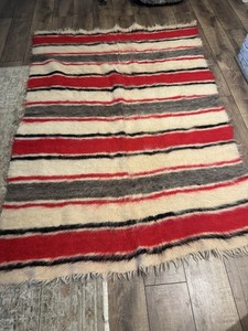 Vintage Hand Woven Striped Turkish Mohair Wool Shaggy Rug  5’x7’ Knotted Fringe